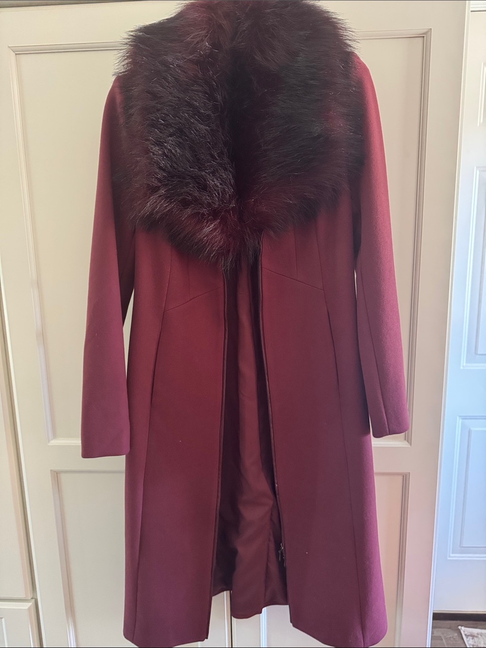 NWT Women's Burgundy Wool Coat with Faux Fur Collar